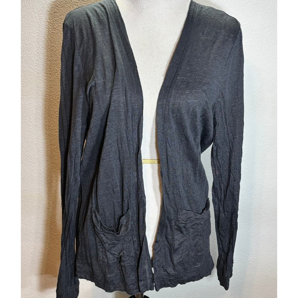 Ann Taylor LOFT Linen Cardigan Blue Open Front Pocket Sweater Womens L